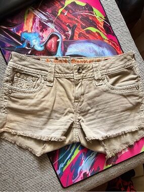 Rock Revival Beige Frayed Hem Denim Shorts